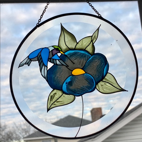 Blue Flower Hummingbird Stained Glass Sun Catcher - Picture 5 of 9